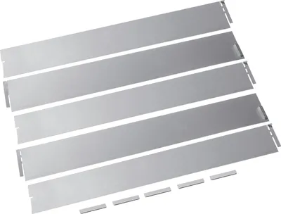 A set of five metal garden edging strips laid diagonally on a white background.