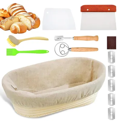 Immagine prodotto di Cesto per lievitazione - Set per la preparazione del pane - 25 x 15 x 8 cm - Rivestimento in lino - Spatola per impasto - Pennello in silicone - Accessori per la panificazione