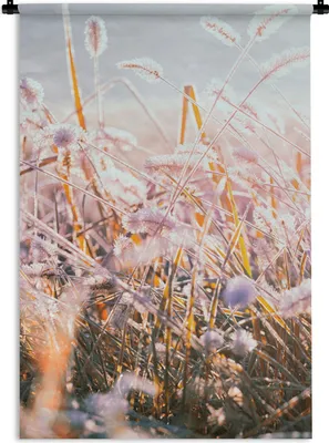 Produktbild von MuchoWow® Wandteppich Wandbehang Gras - Sonne - Winter - Schnee 60x90 cm Tapisserie Dekoration Wandtuch - Foto-Teppich - Abwaschbar