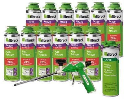 Produktbild von Professionelles Set 12 x PUR Montageschaum 500ml mit Reiniger und Schaumkanone