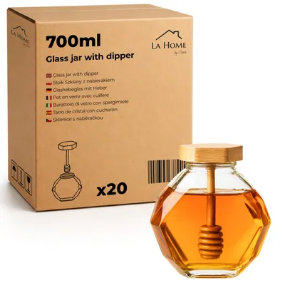 Produktbild von 20x Honigglas mit Honiglöffel 700ml - Glasbehälter mit Bambusdeckel