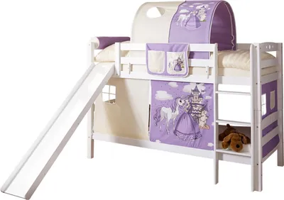 Produktbild von Etagenbett mit Rutsche Doppelbett Lupo Buche massiv Weiss, Vorhangstoff:Horse Lila
