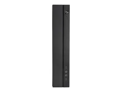 A black, slim computer tower is shown against a white background.