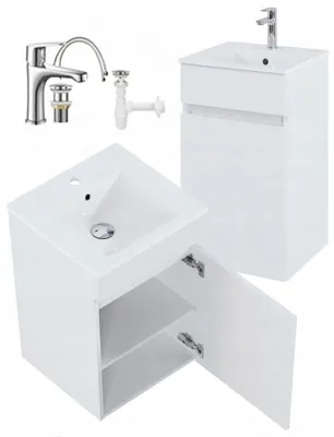 Immagine prodotto di Mobile bagno sospeso bianco con lavabo 45 cm e miscelatore cromato, 1 anta 2 ripiani