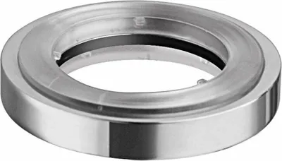 A close-up, studio shot of a chrome ring with a black rubber seal.