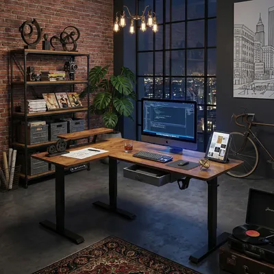 Produktbild von Hilodesk 160cmL Förmiger Bürotische Stehpult L-Schreibtisch Elektrisch Höhenverstellbar Eckschreibtisch mit Monitorständer und Schublade Vintage