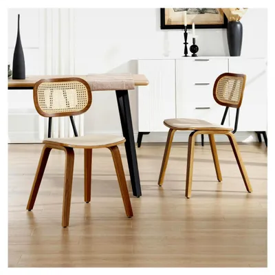 Produktbild von Esszimmerstühle 2er Set aus Kunstleder mit Rattan Rückenlehne, Holz Akzentstühle für Esszimmer, Wohnzimmer und Küche (Beige)