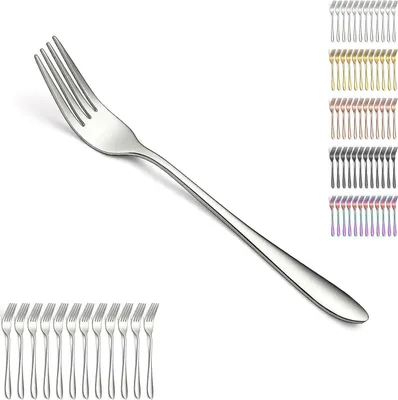 A single silver fork is shown diagonally on a white background, with multiple rows of forks in various colors displayed vertically on the right side.