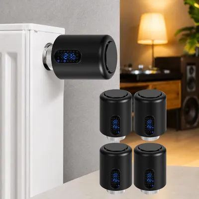 Obrázek produktu pro Chytrý termostat pro radiátory Eikuavons, WiFi, ovládání přes aplikaci, kompatibilní s platformami Smart Life/Tuya, 7 adaptérů, černý, sada 4 kusů