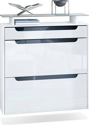 Produktbild von Vladon Schuhschrank Annie, Schuhkipper für 16 Paar Schuhe mit 2 Klappen, 1 Schublade und Glasablage, Weiß matt/Weiß Hochglanz/Schwarz Hochglanz (89 x 96 x 23 cm)