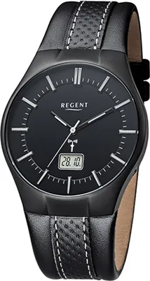 A close-up studio shot of a black men's wristwatch with a black leather strap.