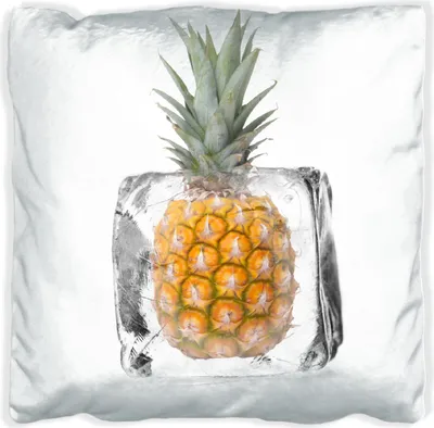 Produktbild von Wallario Premium Kissen, weiche Oberfläche, mit Motiv Ananas in Eiswürfel - Eiskaltes Obst, Größe: 40 x 40 cm, mit weißer Rückseite