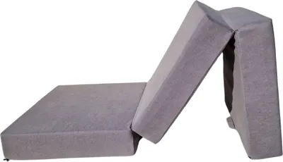 A gray folding mattress is shown on a white background.