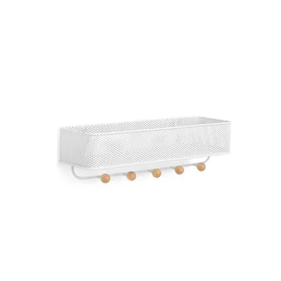 A white metal wall-mounted storage shelf with wooden hooks.