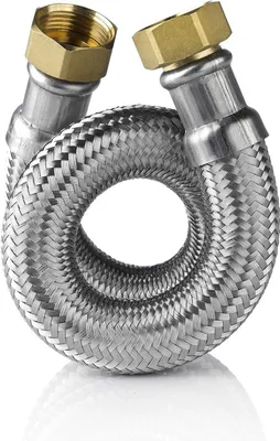 A flexible metal hose with brass fittings, coiled on a white background.