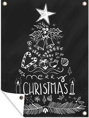 A chalk-style drawing of Christmas decorations arranged in the shape of a Christmas tree on a black background.