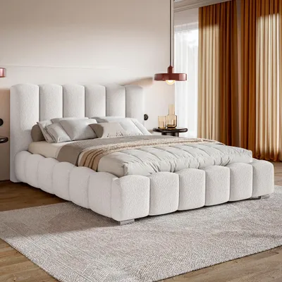 Produktbild von MOTIVENA Grand Bubble Polsterbett 120x200 mit Bettkasten, Holz Lattenrost, Bubble Bett 120x200 Weiß Boucle (Catch Me 01)