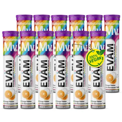 Produktbild von Multivitamin Brausetabletten, 12er Set Orange, Kombination aus 10 Vitamine, 100% NRV, Energie & Immunsystem, vegan – EVÄM