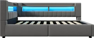 Produktbild von Merax Tagesbett 90x200 cm, Polsterbett mit Ausziehbett, hydraulischem Stauraum, USB Typ-C, LED-Beleuchtung, Sofabett, Leinen Daybett, Grau