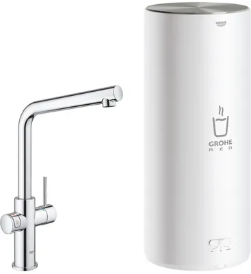 Zdjęcie produktu dla Czerwona bateria warzelna Grohe z wylewką w kształcie litery L i chromowanym bojlerem combi