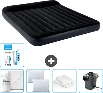 Produktbild von Intex Luftbett - 2 Personen - 183 x 203 x 25 cm - Dunkelblau - Im Lieferumfang enthalten Spannbettuch - Küssen - Pumpe - Reperaturset en Kissenschutz