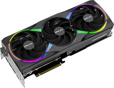 A high-performance graphics card with three fans and RGB lighting.