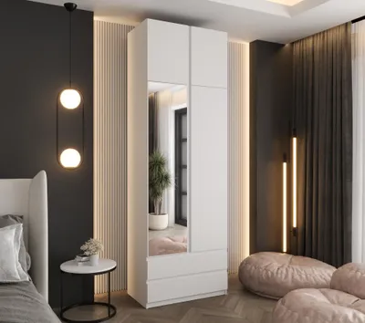 Produktbild von Drehtürenschrank 240x70x48 cm Weiß mit Spiegel, Aufsatz und 2 Schubladen – Moderner Kleiderschrank ideal für Schlafzimmer und Flur