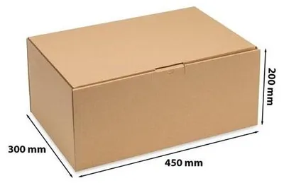A brown cardboard box with dimensions indicated by measurement lines and text.