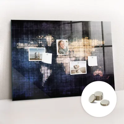 Obrázok produktu pre Magnetická tabuľa na stenu - Memo Tabuľa Sklenená - vrátane 5 magnetov - 100x70 cm - Abstraktná mapa sveta
