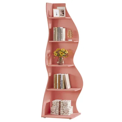 Produktbild von Tribesigns Eckregal, modernes 5-stöckiges Bücherregal mit geschwungener Form, einzigartiger Pflanzenständer für kleine Wohnzimmer, Rosa