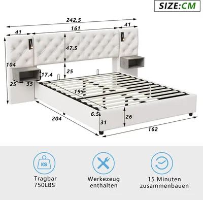 Produktbild von Boxspringbett 160x200 cm - Polster Doppelbett mit Stauraum - hydraulischer Bettkasten - LED Kopfteil mit Leselicht und USB-Ladefunktion - Lattenrost - weiß