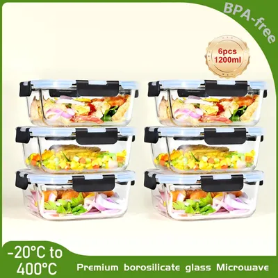 Obrázek produktu pro Skleněné dózy z borosilikátového skla – nádoby na skladování potravin, 6 kusů po 1200 ml – vzduchotěsné – vhodné do trouby a mrazáku – vhodné do mikrovlnné trouby a myčky – víčka bez BPA – průhledné