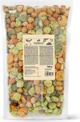 A clear, well-lit product shot of a bag of mixed snacks.