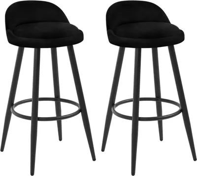 Two black bar stools are shown from the front on a white background.