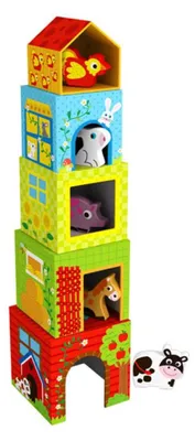 Zdjęcie produktu dla Tooky Toy drewniana piramida do układania TKF053 ze zwierzętami z farmy, 10-elementowa, kolorowa wieża do układania