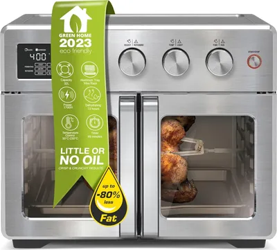 Produktbild von TurboTronic digitaler Heißluftofen - XXL 32 Liter mit Drehspieß für Hähnchen 4in1 Mini Backofen & Power Heißluftfritteuse Airfryer Dörrgerät ab 25°C silber