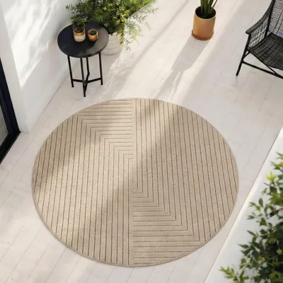 Produktbild von Carpetsale24 Outdoor Teppich, Modern Boho Design, 3D Effekt, Robust und UV-Beständig, ideal für Terrasse Wohnzimmer & Küche, Grösse: 80 cm Rund