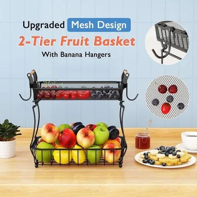 Produktbild von Famanu Obstkorb mit 2 Ebenen und Bananenhaltern - Schwarz