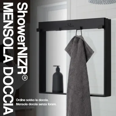 Immagine prodotto di ShowerNIZR® Mensola doccia Obsidian Black - Mensola doccia senza foratura da appendere alla parete in vetro in acciaio inox con 4 ganci