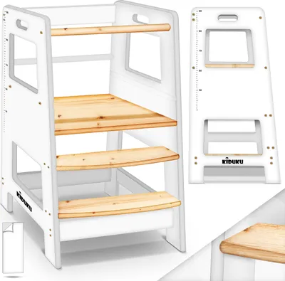 Produktbild von KIDUKU® Lernturm Weiß/Holz-Naturell aus Holz ab 1 Jahr mit 4 Stück Antirutsch Pads | Montessori Kinder-Schemel für Kinder | Lerntower für höchste Sicherheit | Learning Tower für Mädchen & Jungen
