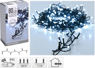 A product shot of a string of white LED lights, with packaging and detail shots shown.