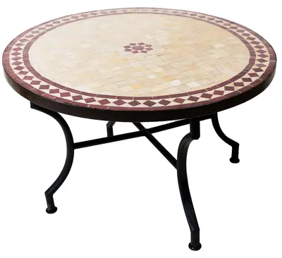 Produktbild von ORIGINAL Marokkanischer Mosaiktisch Couchtisch ø 80cm Groß rund | Runder Kleiner Mosaik Gartentisch Mediterran | ALS Tisch Beistelltisch für Balkon oder Garten | Bilbao Natur Bordaux