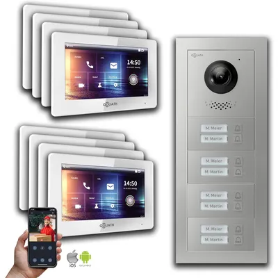 Produktbild von Goliath IP Video Türsprechanlage: 7-Zoll 8 Familienhaus, Smartphone App, Silber : 7 Zoll Weiß : Aufputz Dose Monitor Farbe: 7 Zoll Weiß Montage: Aufputz Dose
