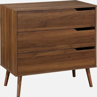 A wooden chest of drawers with three drawers and angled legs, presented against a white background.