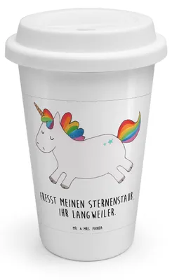 Produktbild von Mr. & Mrs. Panda Thermobecher Einhorn Happy - Weiß - Geschenk, Witzig, Unicorn, glücklich, Isolierbecher, Lachen, To Go, Freude, Kaffeebecher, Einhörner, Mehrwegbecher