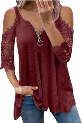 Produktbild von ASKSA Damen Blusen T-Shirt Schulterfrei V-Ausschnitt Tops Lose Langarm Basic Tuniken, Rot, XL