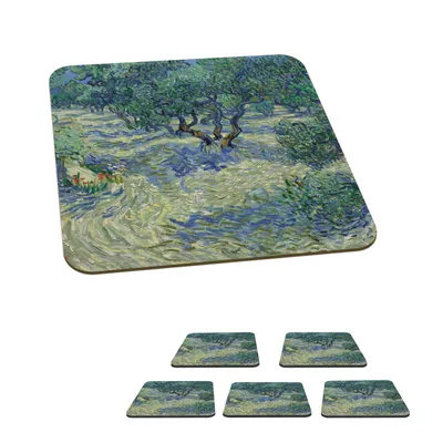 Produktbild von KitchenYeah®  Glasuntersetzer Quadratisch 6er Set Der Olivenhain - Gemälde von Vincent van Gogh 10x10 cm Untersetzer für Gläser - Getränkeuntersetzer - Tischplattenschutz - Tischuntersetzer für Tassen
