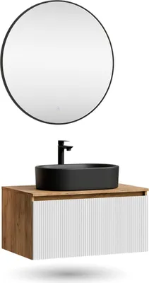 Produktbild von Planetmöbel ARISA Badmöbel Set Weiß Geriffelt – Mit Veluna LED Spiegel und schwarzem Keramik-Aufsatzwaschbecken 55 cm