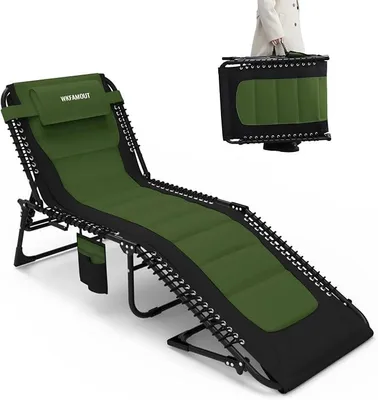 Imagen del producto de Tumbona de jardín extra grande, plegable, con respaldo ajustable en 5 posiciones, para uso en exteriores, plegable, de tamaño XXL, con estructura de tres patas, ideal para la playa o para acampar, soporta hasta 150 kg, incluye cojín y bolsillo lateral, dimensiones: 200x68 cm, color verde