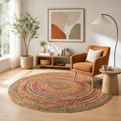 Produktbild von Naturfaser Teppich Handgefertigt Jute Salsa Bunt Rund, Größe:80 cm Rund